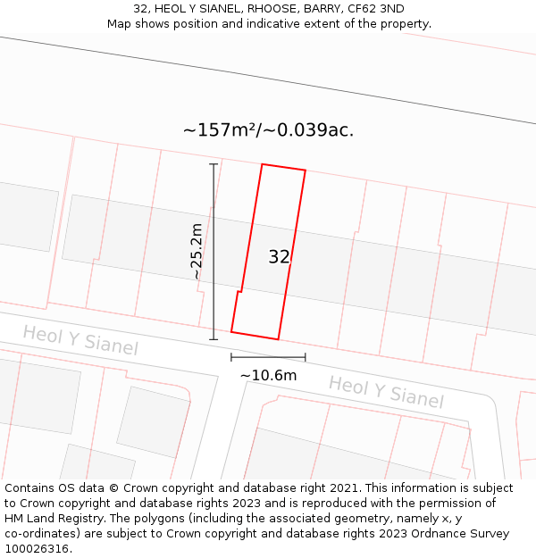 32, HEOL Y SIANEL, RHOOSE, BARRY, CF62 3ND: Plot and title map