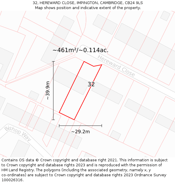 32, HEREWARD CLOSE, IMPINGTON, CAMBRIDGE, CB24 9LS: Plot and title map