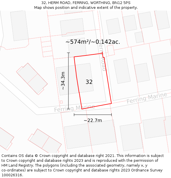 32, HERM ROAD, FERRING, WORTHING, BN12 5PS: Plot and title map