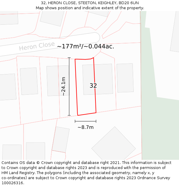32, HERON CLOSE, STEETON, KEIGHLEY, BD20 6UN: Plot and title map