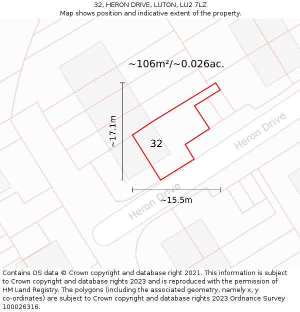 32, HERON DRIVE, LUTON, LU2 7LZ: Plot and title map
