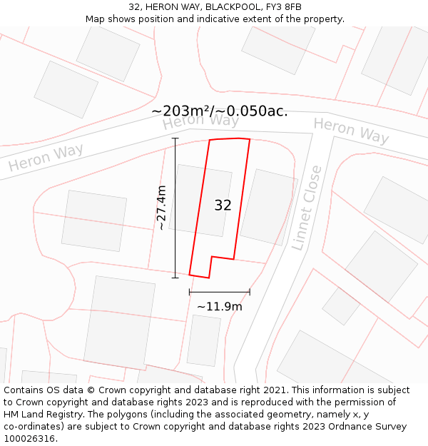 32, HERON WAY, BLACKPOOL, FY3 8FB: Plot and title map