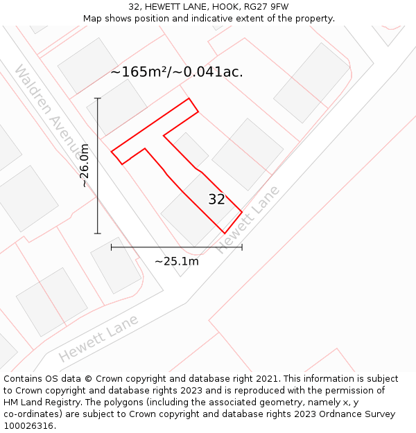 32, HEWETT LANE, HOOK, RG27 9FW: Plot and title map