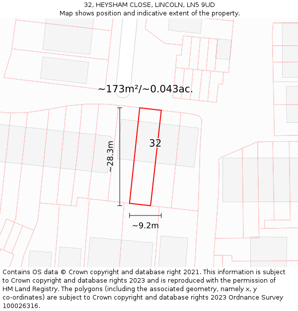 32, HEYSHAM CLOSE, LINCOLN, LN5 9UD: Plot and title map