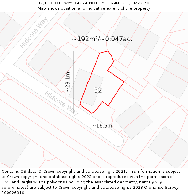 32, HIDCOTE WAY, GREAT NOTLEY, BRAINTREE, CM77 7XT: Plot and title map