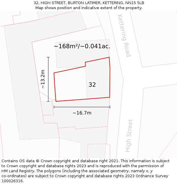 32, HIGH STREET, BURTON LATIMER, KETTERING, NN15 5LB: Plot and title map