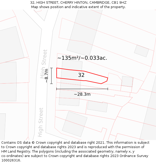 32, HIGH STREET, CHERRY HINTON, CAMBRIDGE, CB1 9HZ: Plot and title map
