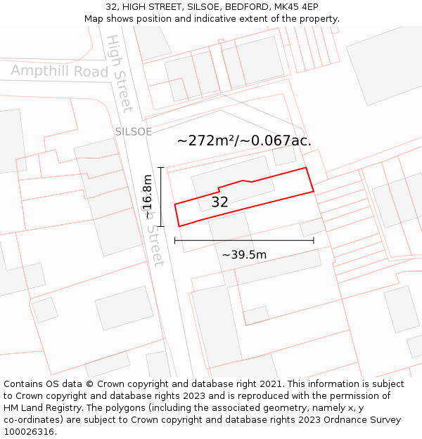 32, HIGH STREET, SILSOE, BEDFORD, MK45 4EP: Plot and title map