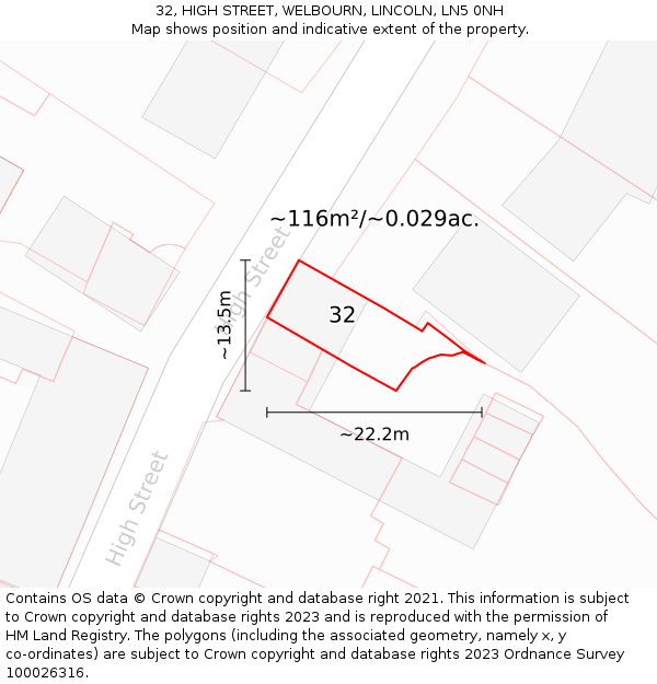 32, HIGH STREET, WELBOURN, LINCOLN, LN5 0NH: Plot and title map