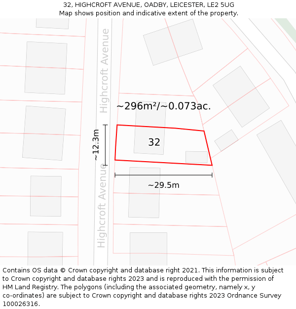32, HIGHCROFT AVENUE, OADBY, LEICESTER, LE2 5UG: Plot and title map