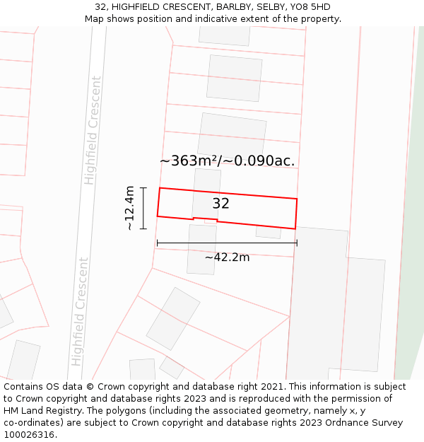 32, HIGHFIELD CRESCENT, BARLBY, SELBY, YO8 5HD: Plot and title map