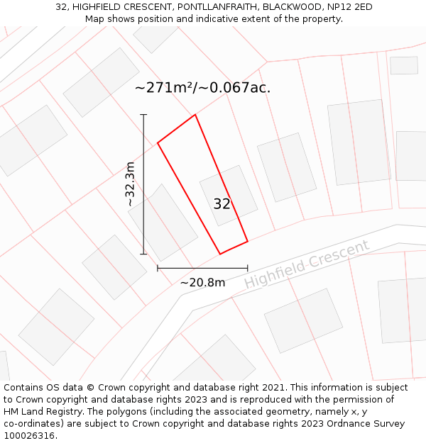 32, HIGHFIELD CRESCENT, PONTLLANFRAITH, BLACKWOOD, NP12 2ED: Plot and title map