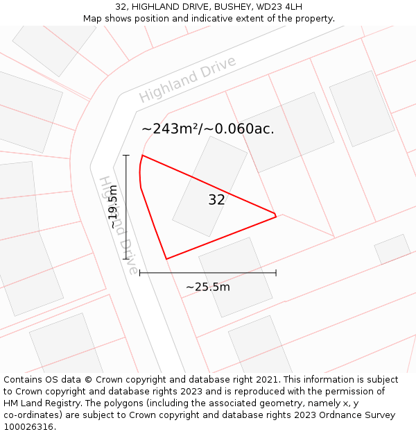 32, HIGHLAND DRIVE, BUSHEY, WD23 4LH: Plot and title map