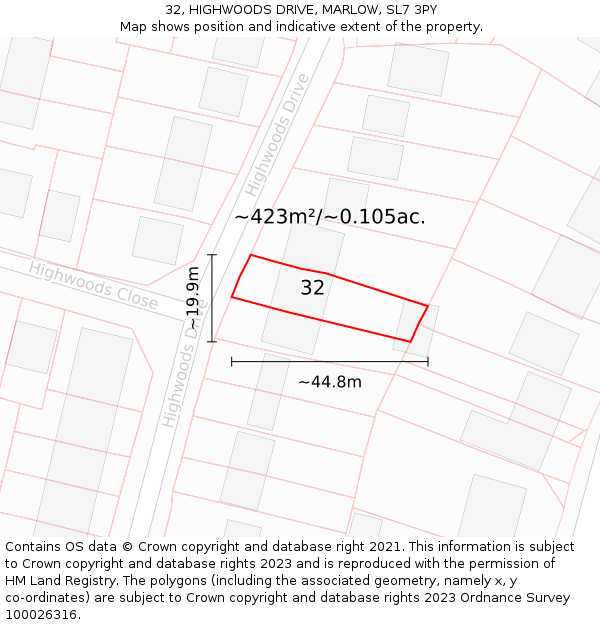 32, HIGHWOODS DRIVE, MARLOW, SL7 3PY: Plot and title map