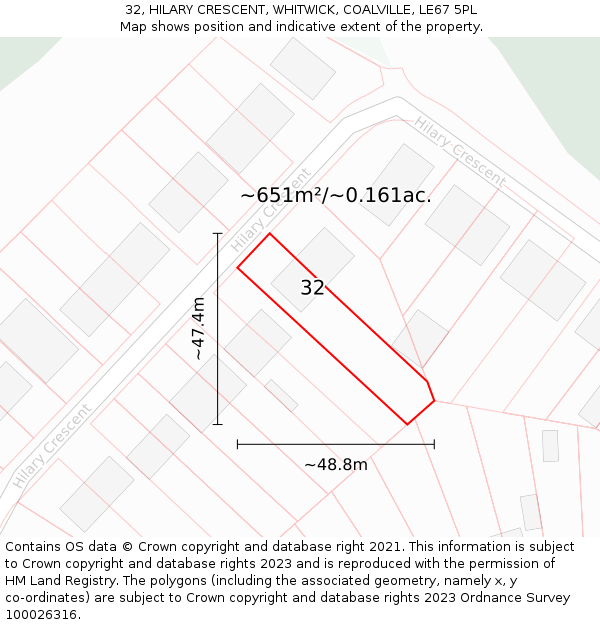 32, HILARY CRESCENT, WHITWICK, COALVILLE, LE67 5PL: Plot and title map