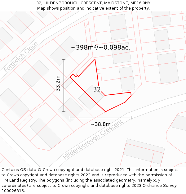32, HILDENBOROUGH CRESCENT, MAIDSTONE, ME16 0NY: Plot and title map