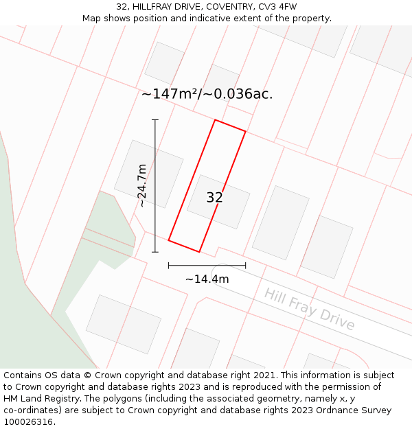 32, HILLFRAY DRIVE, COVENTRY, CV3 4FW: Plot and title map