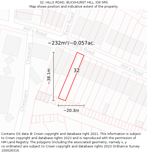 32, HILLS ROAD, BUCKHURST HILL, IG9 5RS: Plot and title map