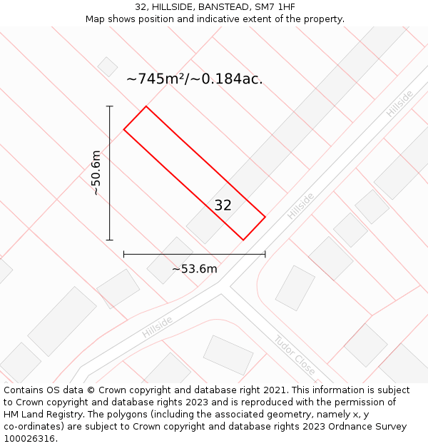 32, HILLSIDE, BANSTEAD, SM7 1HF: Plot and title map