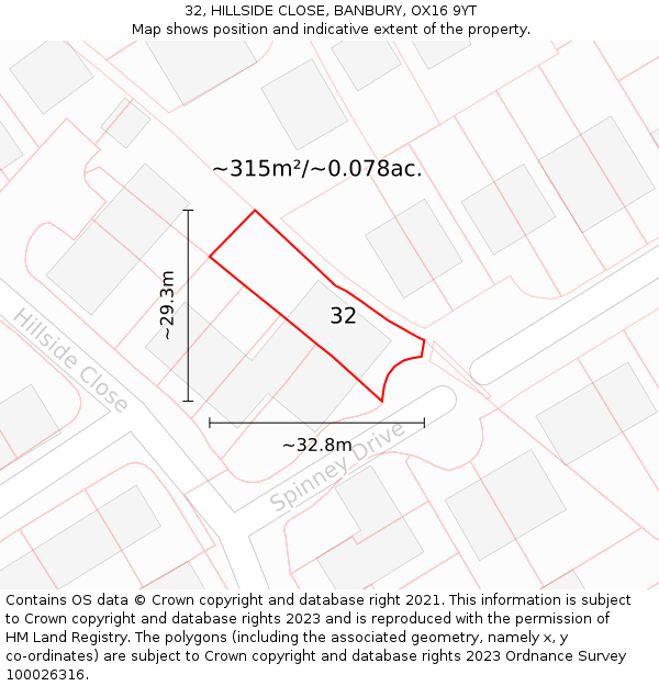 32, HILLSIDE CLOSE, BANBURY, OX16 9YT: Plot and title map