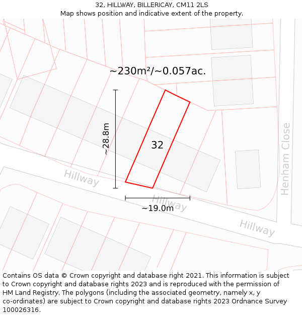 32, HILLWAY, BILLERICAY, CM11 2LS: Plot and title map