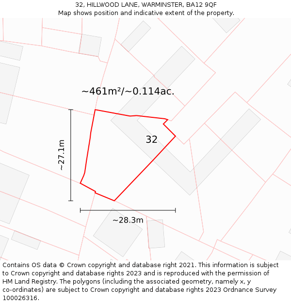 32, HILLWOOD LANE, WARMINSTER, BA12 9QF: Plot and title map