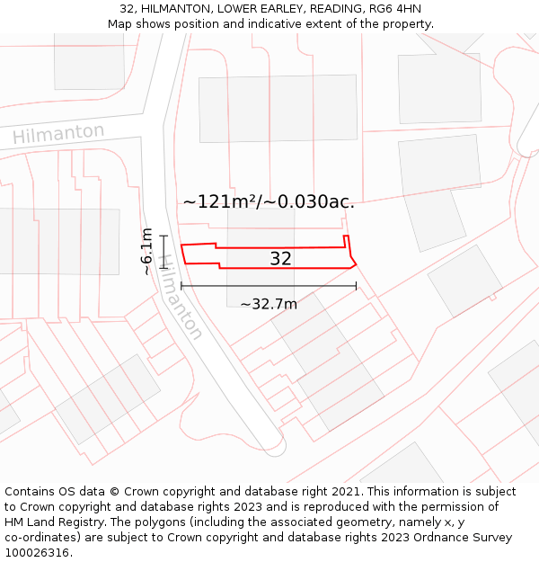 32, HILMANTON, LOWER EARLEY, READING, RG6 4HN: Plot and title map