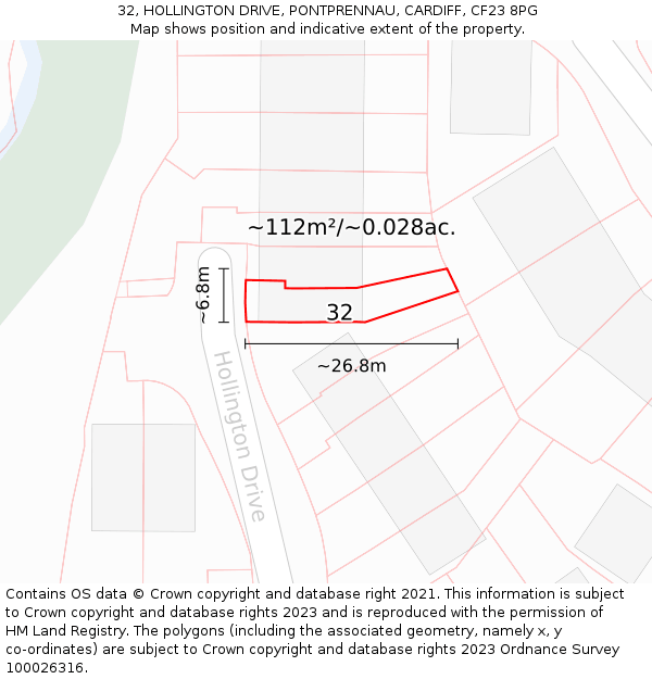 32, HOLLINGTON DRIVE, PONTPRENNAU, CARDIFF, CF23 8PG: Plot and title map