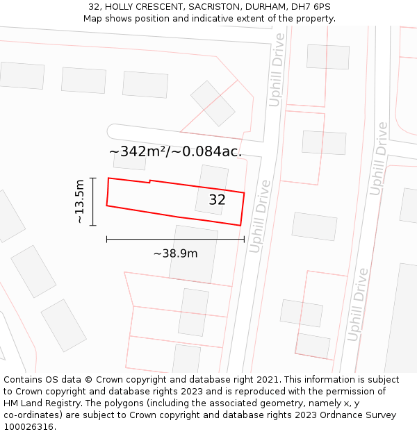 32, HOLLY CRESCENT, SACRISTON, DURHAM, DH7 6PS: Plot and title map