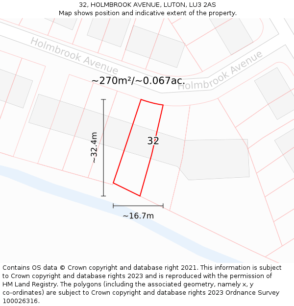 32, HOLMBROOK AVENUE, LUTON, LU3 2AS: Plot and title map