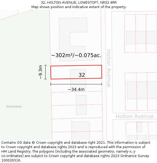 32, HOLTON AVENUE, LOWESTOFT, NR32 4RR: Plot and title map