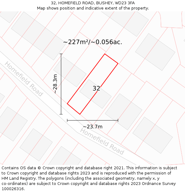 32, HOMEFIELD ROAD, BUSHEY, WD23 3FA: Plot and title map