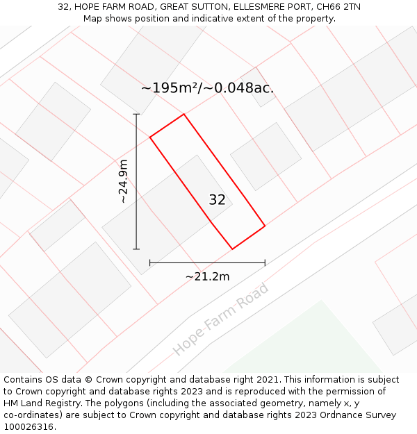 32, HOPE FARM ROAD, GREAT SUTTON, ELLESMERE PORT, CH66 2TN: Plot and title map