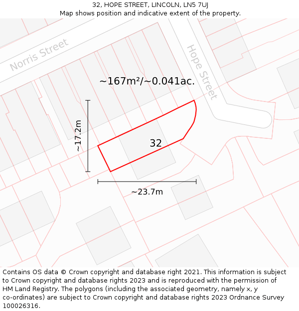 32, HOPE STREET, LINCOLN, LN5 7UJ: Plot and title map