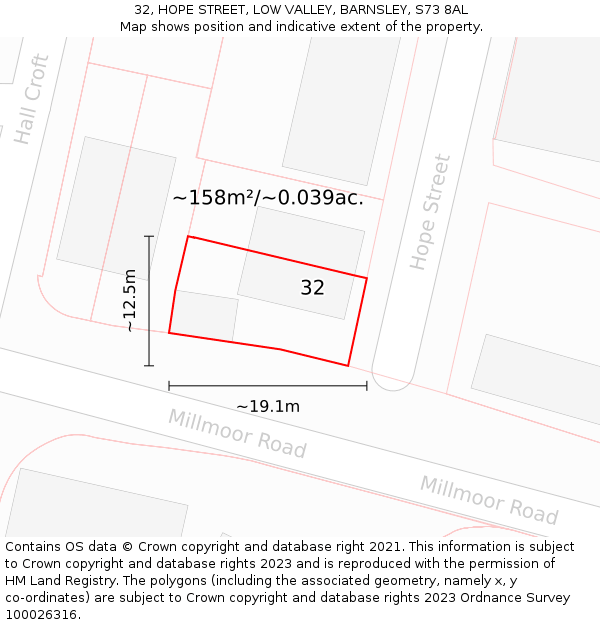 32, HOPE STREET, LOW VALLEY, BARNSLEY, S73 8AL: Plot and title map
