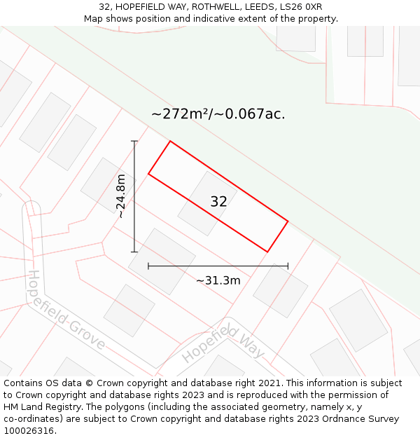 32, HOPEFIELD WAY, ROTHWELL, LEEDS, LS26 0XR: Plot and title map