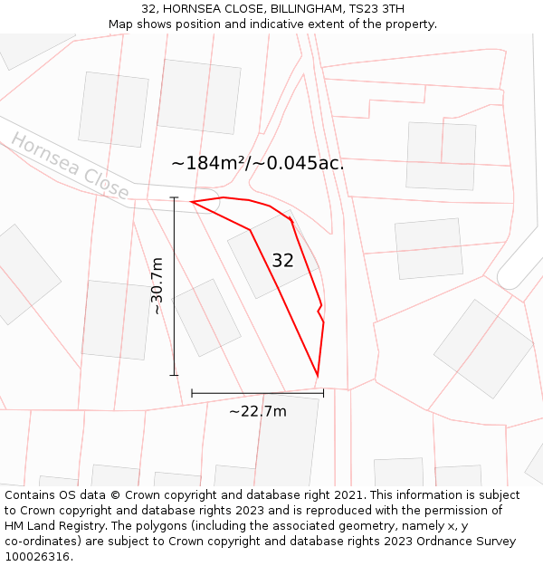 32, HORNSEA CLOSE, BILLINGHAM, TS23 3TH: Plot and title map