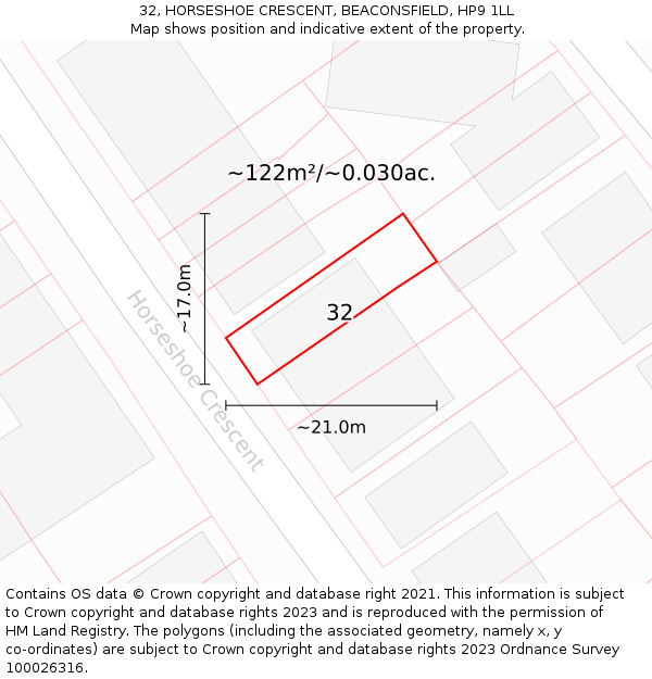 32, HORSESHOE CRESCENT, BEACONSFIELD, HP9 1LL: Plot and title map