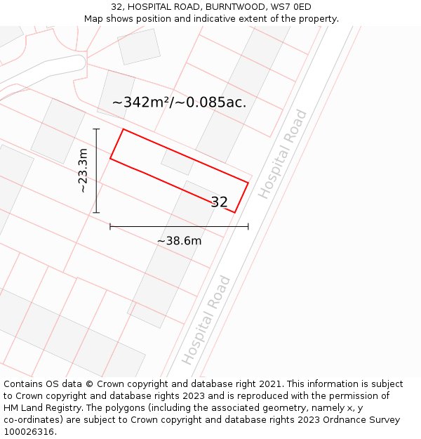 32, HOSPITAL ROAD, BURNTWOOD, WS7 0ED: Plot and title map