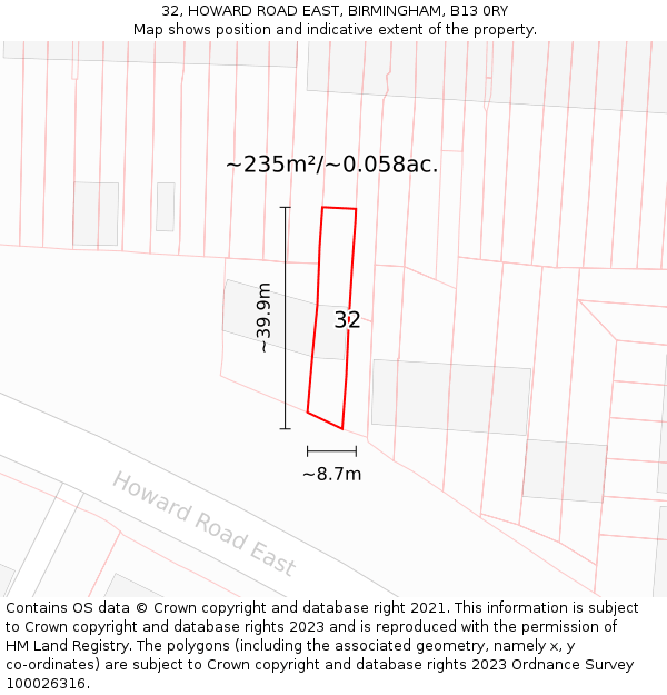 32, HOWARD ROAD EAST, BIRMINGHAM, B13 0RY: Plot and title map