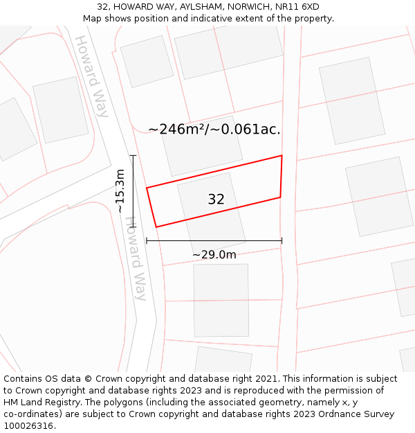 32, HOWARD WAY, AYLSHAM, NORWICH, NR11 6XD: Plot and title map