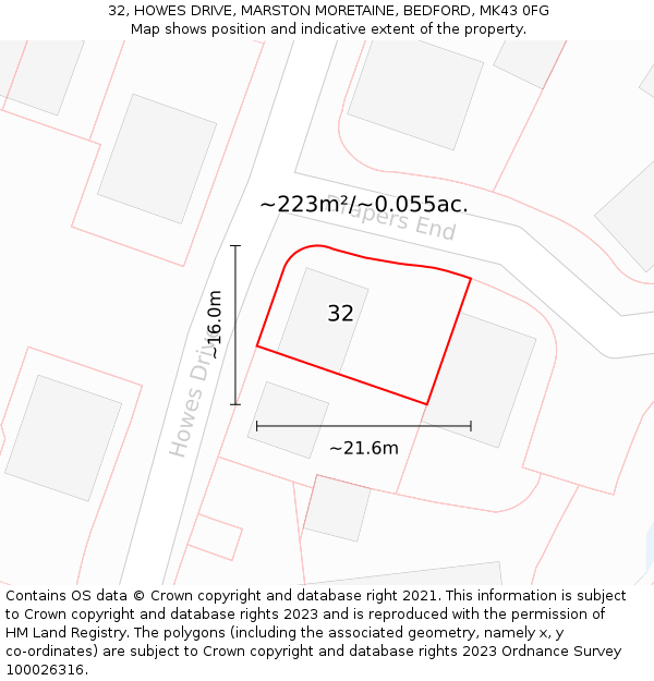 32, HOWES DRIVE, MARSTON MORETAINE, BEDFORD, MK43 0FG: Plot and title map