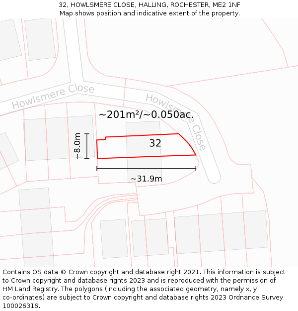 32, HOWLSMERE CLOSE, HALLING, ROCHESTER, ME2 1NF: Plot and title map