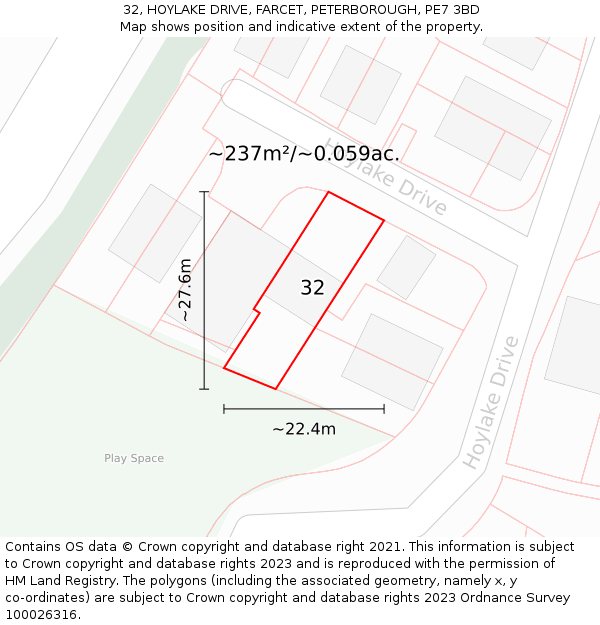 32, HOYLAKE DRIVE, FARCET, PETERBOROUGH, PE7 3BD: Plot and title map