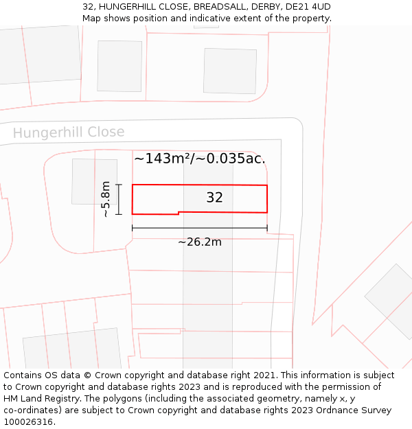 32, HUNGERHILL CLOSE, BREADSALL, DERBY, DE21 4UD: Plot and title map