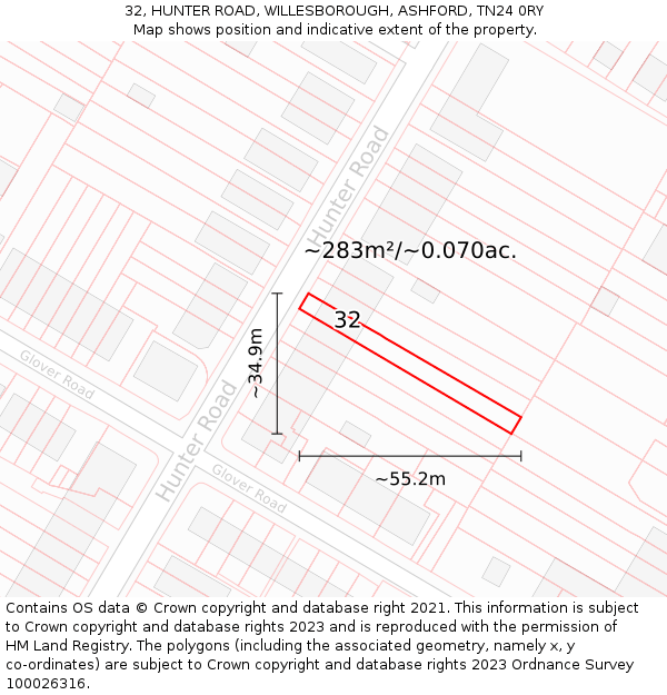 32, HUNTER ROAD, WILLESBOROUGH, ASHFORD, TN24 0RY: Plot and title map