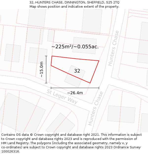 32, HUNTERS CHASE, DINNINGTON, SHEFFIELD, S25 2TQ: Plot and title map