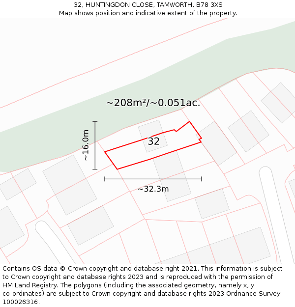 32, HUNTINGDON CLOSE, TAMWORTH, B78 3XS: Plot and title map