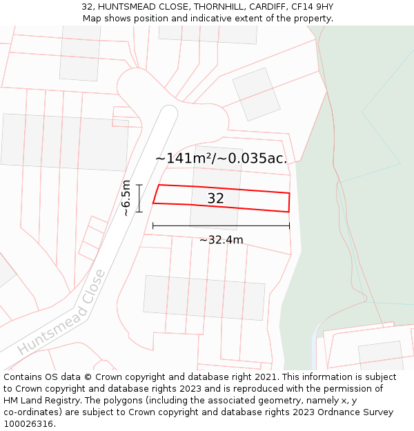 32, HUNTSMEAD CLOSE, THORNHILL, CARDIFF, CF14 9HY: Plot and title map