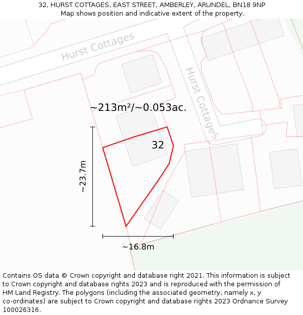 32, HURST COTTAGES, EAST STREET, AMBERLEY, ARUNDEL, BN18 9NP: Plot and title map